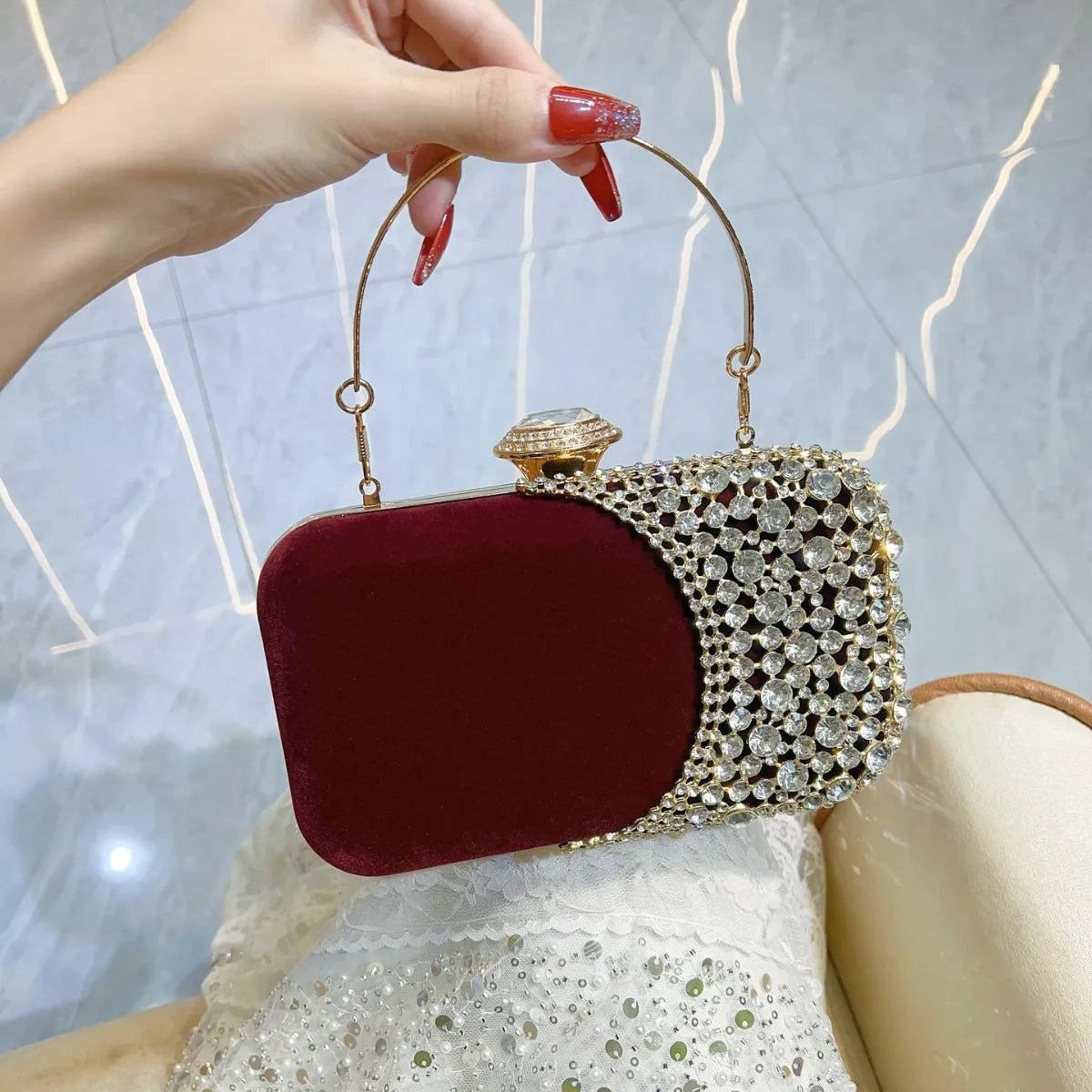 Hollow Design Women Evening Bags Velvet Glitter Fashion Ladies Wedding Party Clutch Bags Shoulder Chain Diamonds Handbags