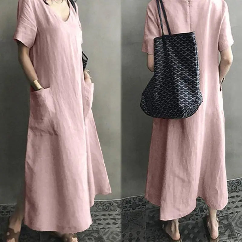 Cotton and linen V-neck women dress loose plus size short-sleeved long dress artistic national style retro women's clothing