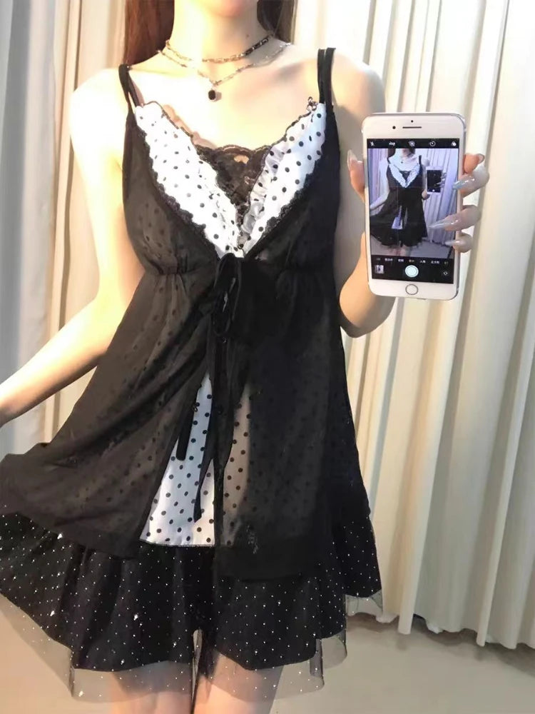 Vintage Gothic Slim Polka Dot Sling Dress Women's Summer 2025 New Lace Up Short Dresses Fashion Design Sleeveless Sweet Dress