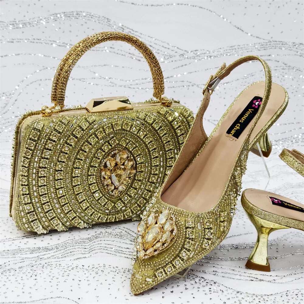 Venus Chan 2025 Elegant Rhinestone Pointed Toe Pumps With Matching Bag Set Large Size shoes Big Bag for Women's Party High Heels