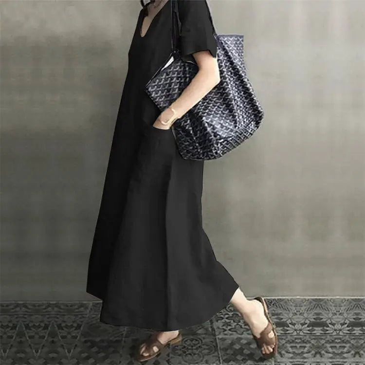 Cotton and linen V-neck women dress loose plus size short-sleeved long dress artistic national style retro women's clothing