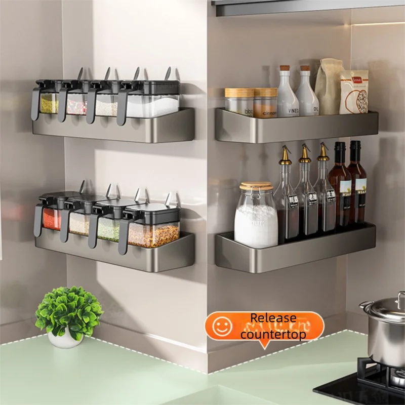 Wall Mounted Kitchen Seasoning Storage Rack Home Use Free Punching Condiment Box Can Seasoning Organizer for Culinary Tools
