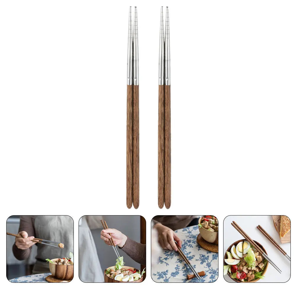 2 Pairs Stainless Steel Chopsticks Household Anti-Slip Heat Resistant Silver Wooden Dishwasher Safe Sturdy Home Supply