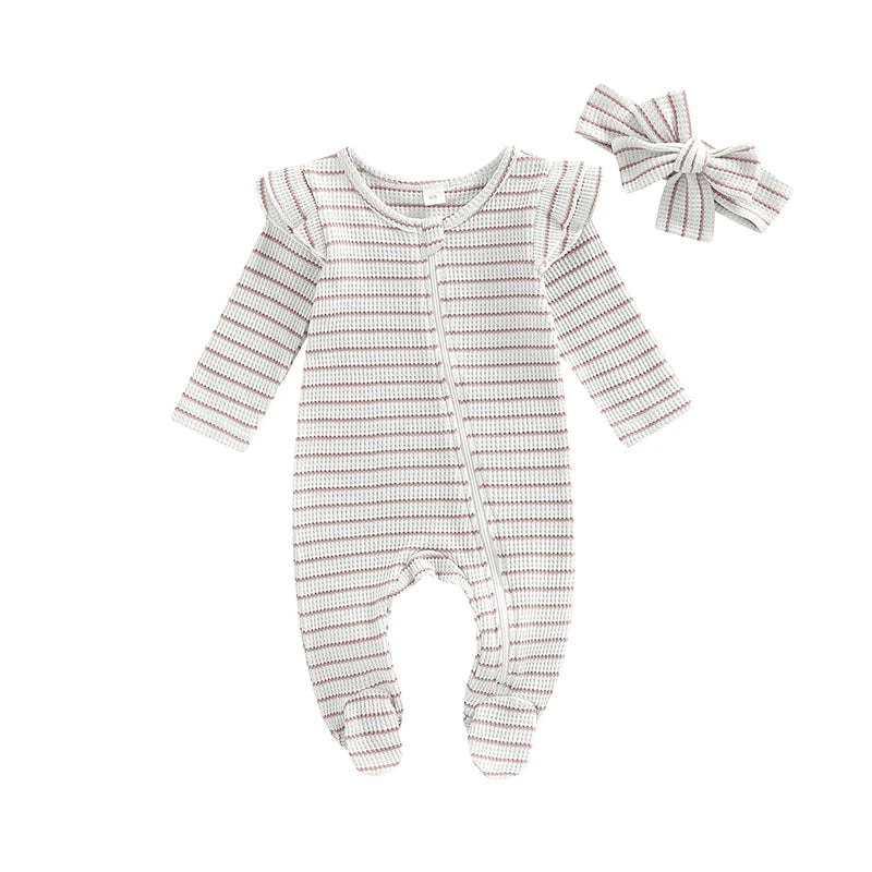 Baby Girls Romper Suit Long Sleeve Zipper Ruffle Patchwork Casual Party Street Spring Romper Headband