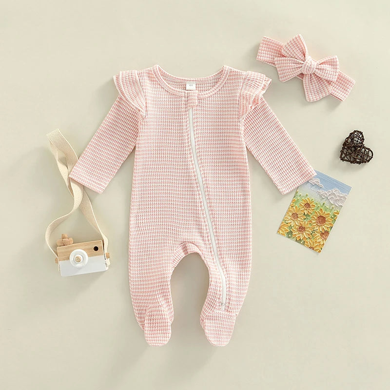 Baby Girls Romper Suit Long Sleeve Zipper Ruffle Patchwork Casual Party Street Spring Romper Headband