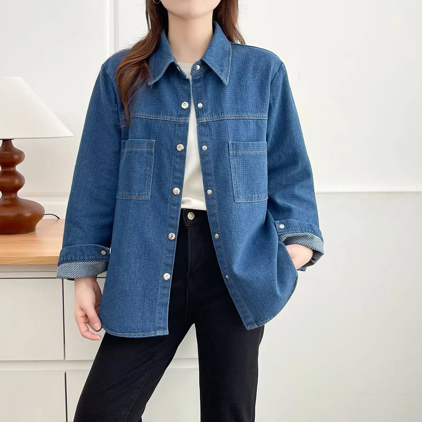 Plus Size Women's Blouses 2025 Autumn New Stylish Starry Sky Striped Denim Shirt Jacket 014