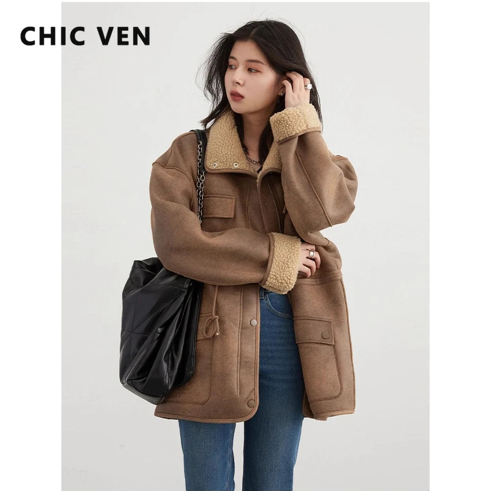CHIC VEN Women Jackets Loose Casual Thick Solid Suede Reversible Jacket Motorcycle Outer Wear Female Overcoat Winter Autumn 2025