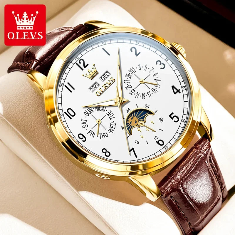Olevs 6698 automatic watch luxury leather strap calendar waterproof luminous moon phase mechanical watch men