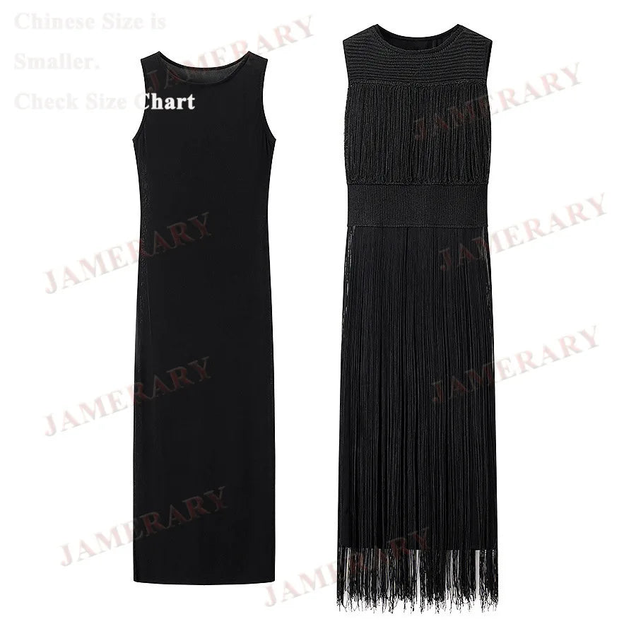 Summer Autumn Knitted Tassel Dress Two Piece Set Women Vintage Sleeveless Knitting Straight Midi Long Dresses