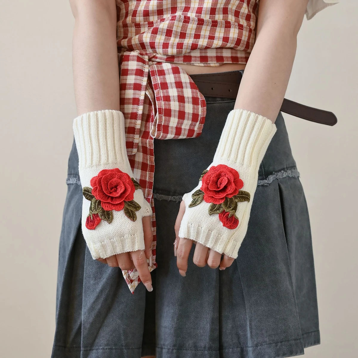 Handmade Embroidered Rose Gloves Women Fingerless Flowers Cuff Gloves Romantic Floral Mittens Hand Warmer Winter Soft Guantes