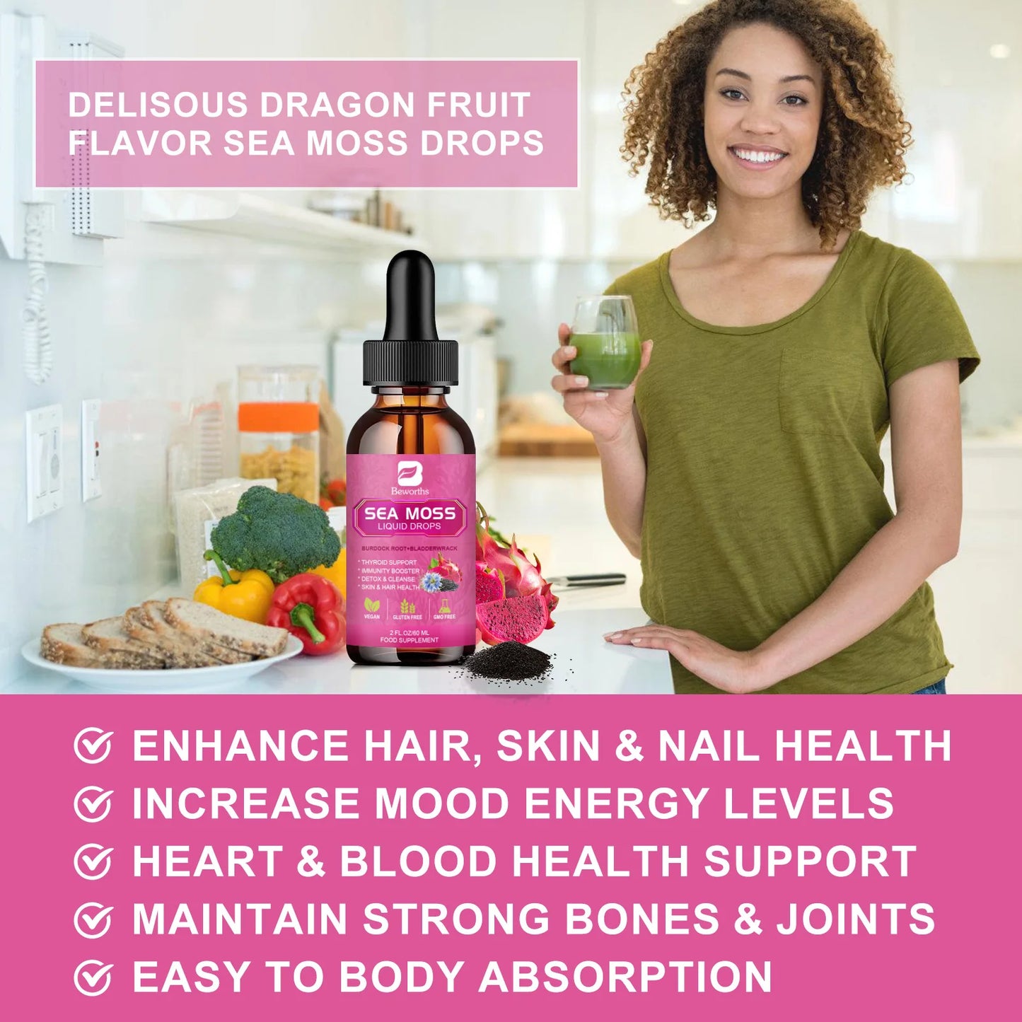 BEWORTHS Organic Black Seed Oil Sea Moss Extract Supplement Supports Immunity and Gut Digestive Health Radiant Hair & Skin