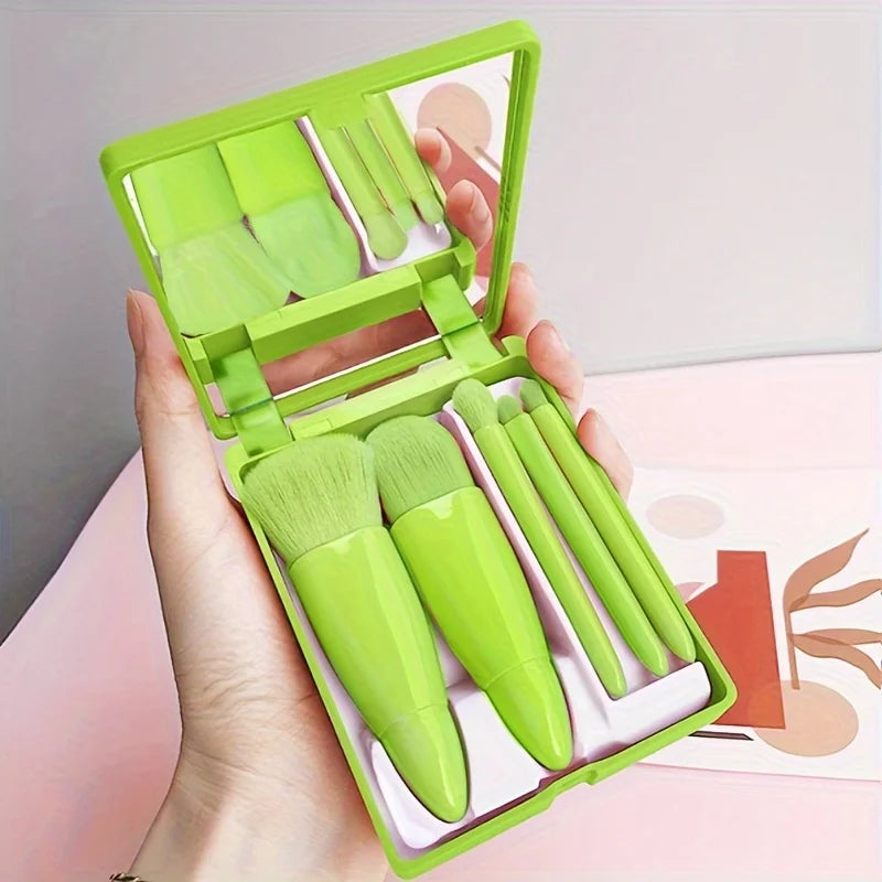 ✈️ 5pcs Portable Makeup Brush Set with Mirror | Foldable Travel Kit ✨