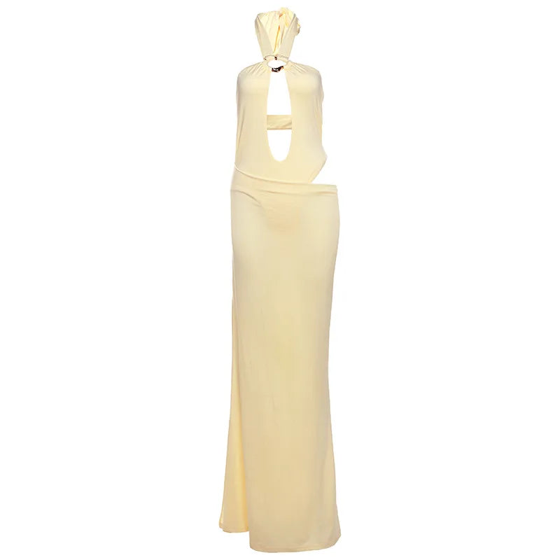 Sexy 2 Piece Set Hollow Out Halter Solid Color Backless Bodysuit Top Elegant Long Skirt Sets for Woman Summer Beach Dress