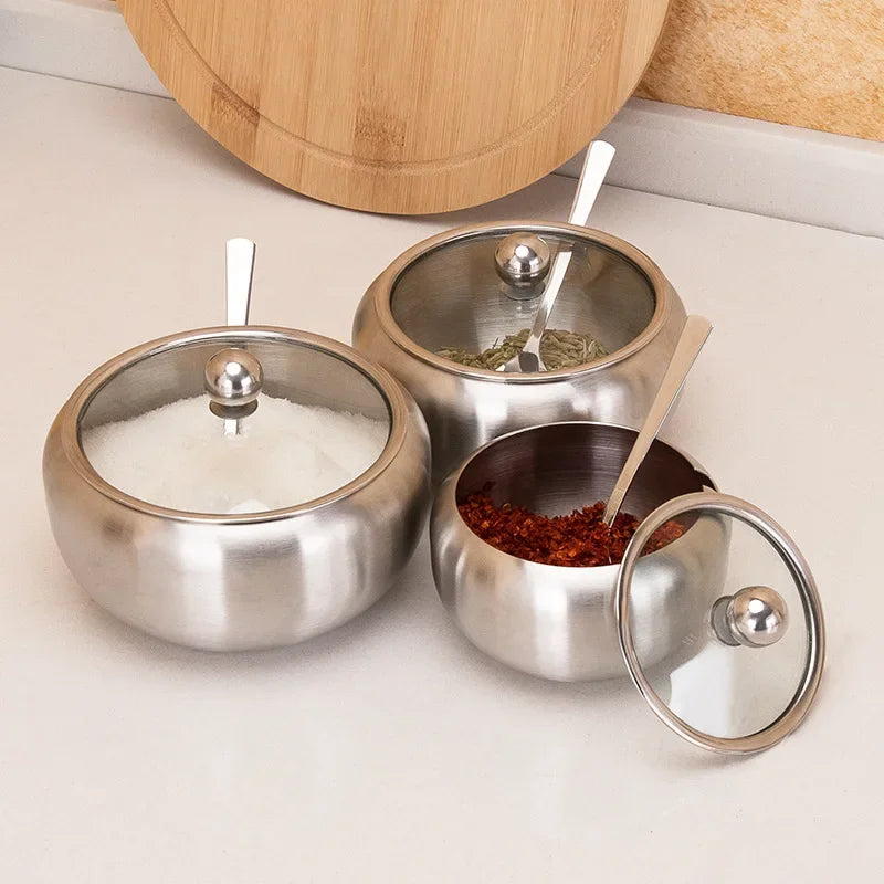 Stainless Steel Sugar Bowl with Clear Lid and Sugar Spoon for Home and Kitchen Drum Shape Spice Container Sugar Bowl Supplies