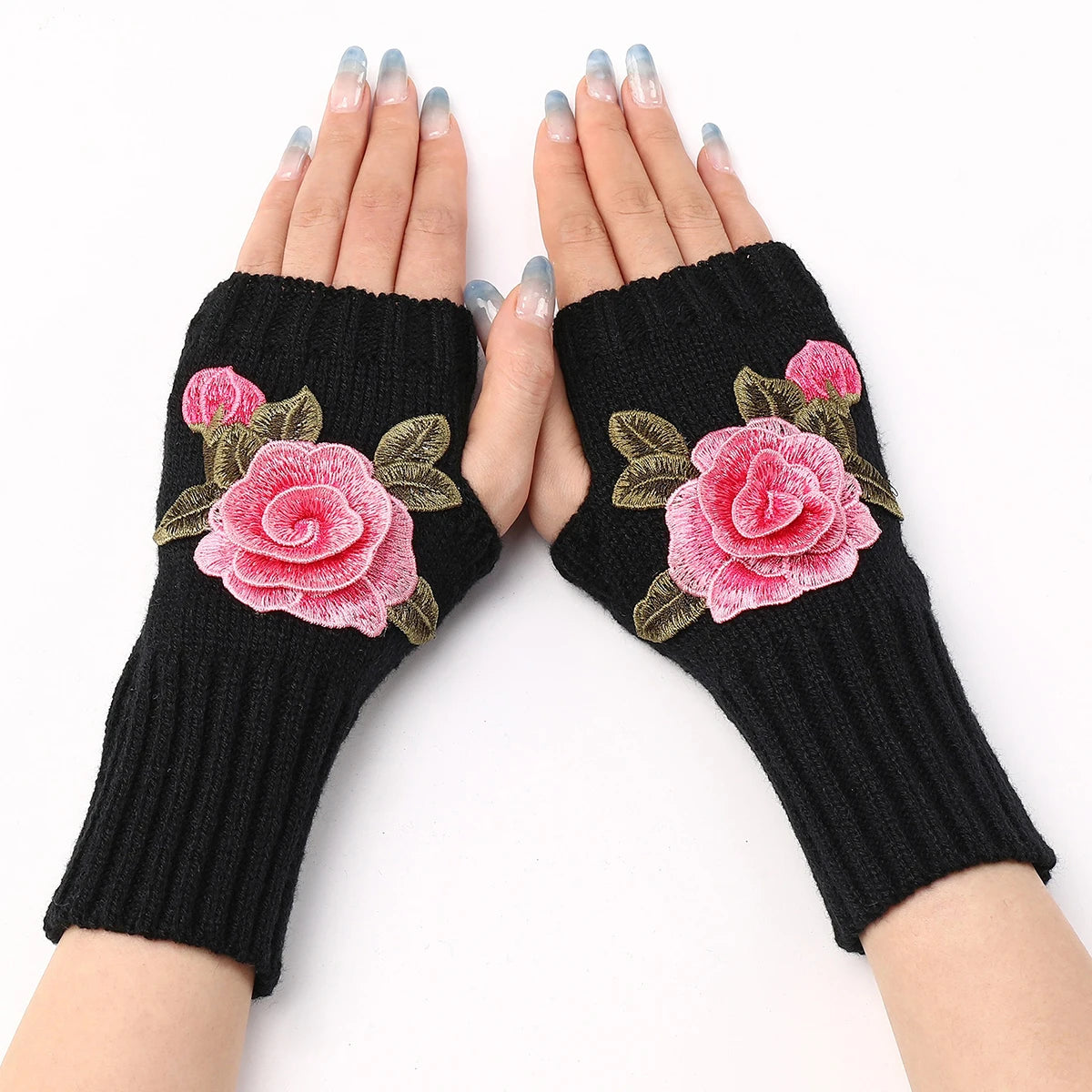 Handmade Embroidered Rose Gloves Women Fingerless Flowers Cuff Gloves Romantic Floral Mittens Hand Warmer Winter Soft Guantes