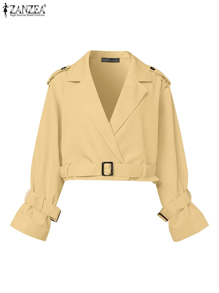 ZANZEA Street Fashion Short Jackets Woman 2025 Autumn Long Sleeve Notched Lapel Bomber Jackets Chic Streetwear Belted Outerwear