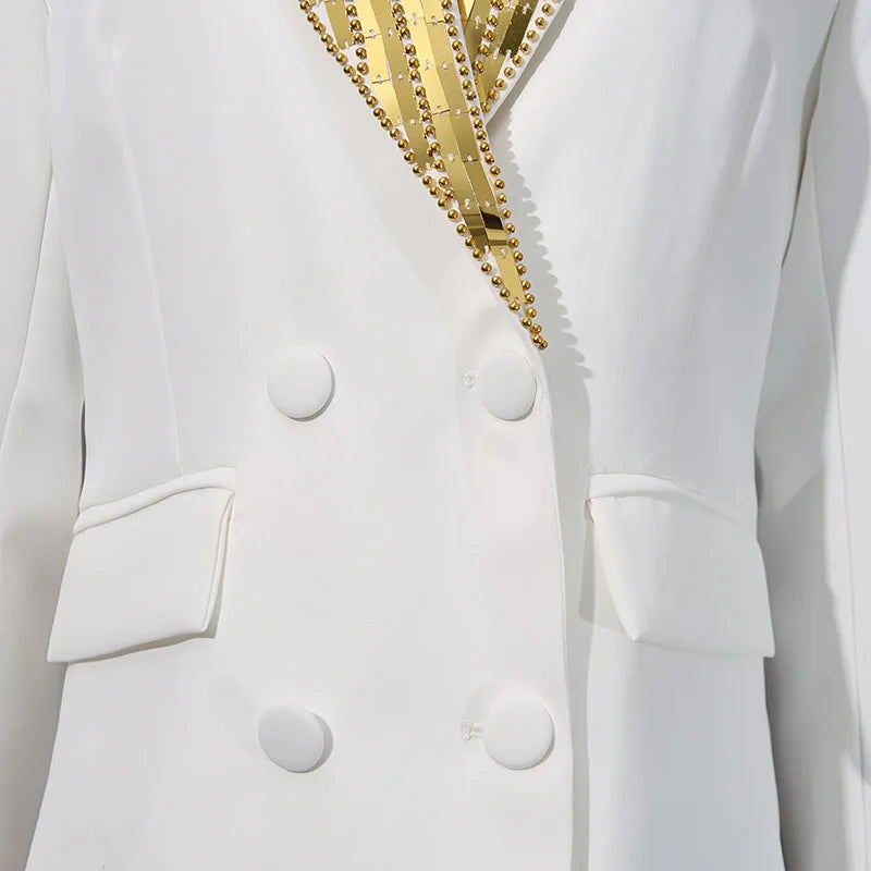 KBQ Hit Color Spliced Button Chic Blazer for Women Notched Collar Long Sleeve Patchwork Button Patchwork Beading Bazer Female