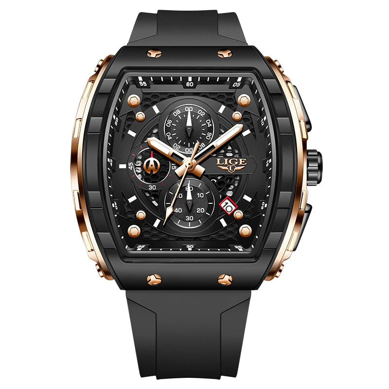 LIGE Top Brand Luxury Square Quartz Watches for Men Fashion Casual Sport 50M Waterproof Man Watch Auto Date Military Chronograph
