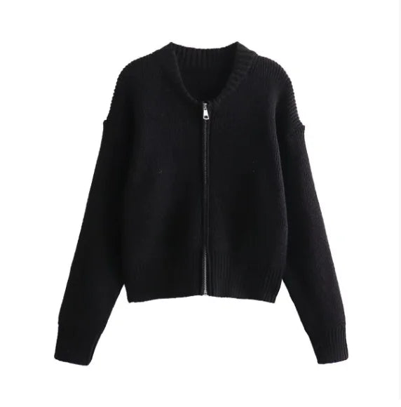 UZSC Women Vintage Knit Cardigan Casual Full Sleeve Zipper O Neck Pleated Solid Lady Sweater 2025 Autumn Fashion Female Knitwear