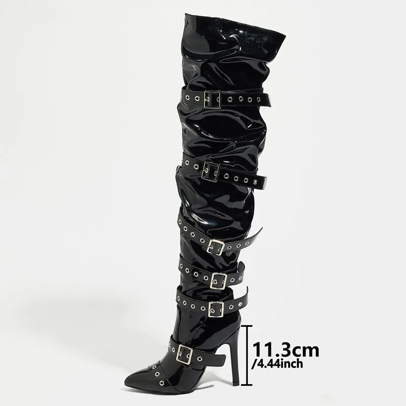 Autumn Winter Patent Leather Rivet Women Over the knee Boots Fashion Belt Strap Buckle High heels Thigh High Long Boots Shoes