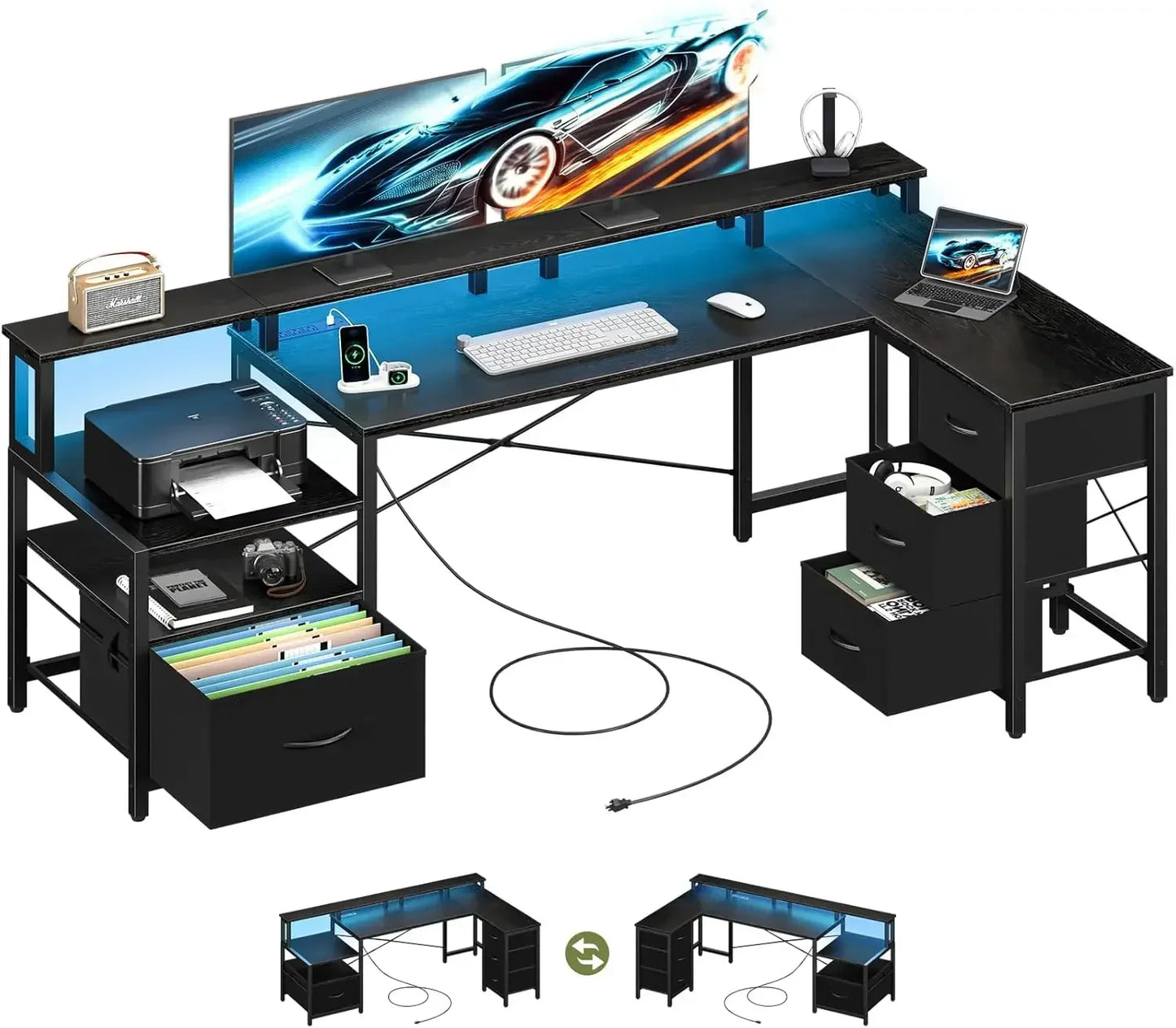 ✨ ProGamer L-Desk – LED Lights, Outlets & Storage Drawers for Ultimate Setup ✨