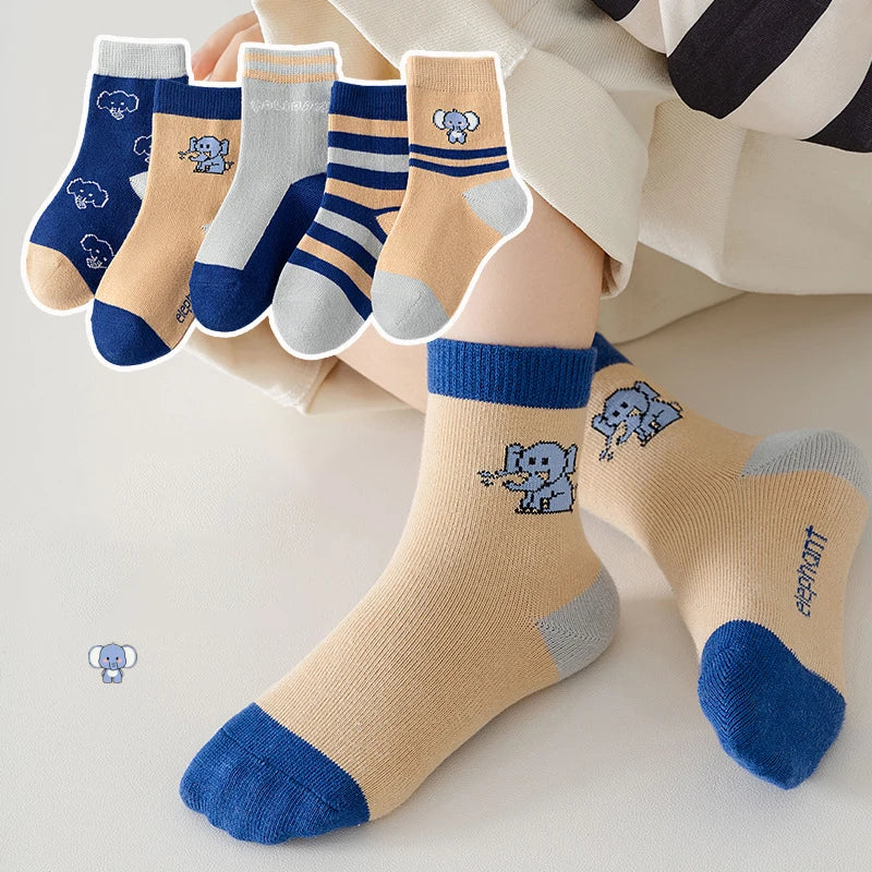 5 Pairs Autumn Winter New Style Children's Socks Mid-high Long Dinosaur Cartoon Design Boys Girls Baby Cartoon Socks Wholesale