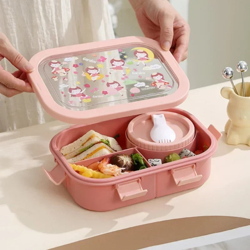 1000/1350ml Cartoon Lunch Box with Soup Bowl Bento Box Buckle Design Sealed and Leak-proof Portable Food Storage Container