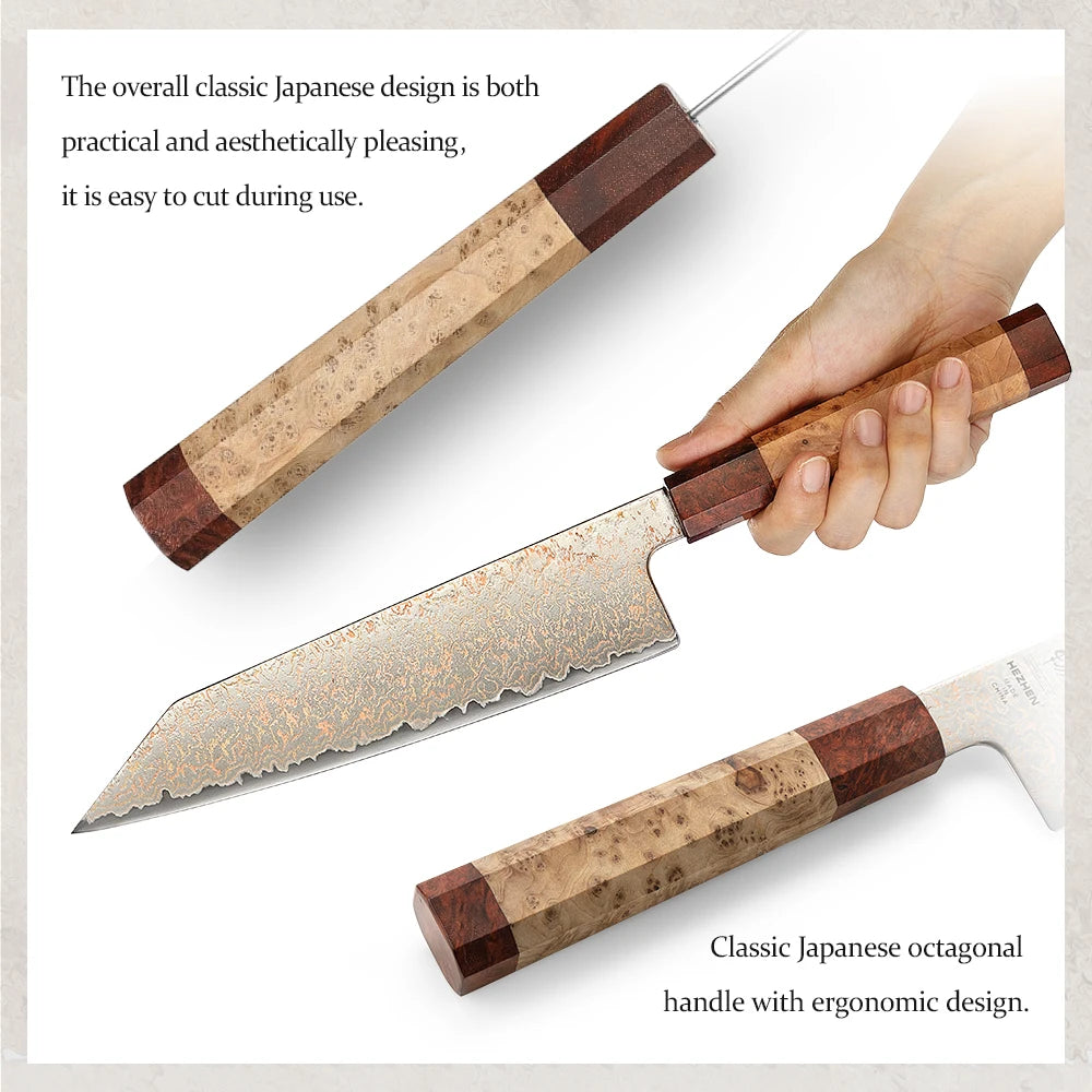 HEZHEN 8.3 inch Bunka Custom 37-Layer Tri-color Copper Damascus Steel Knife Chef Knives Meat Cleaver Kitchen Knife