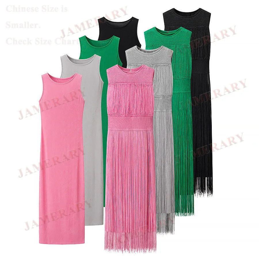 Summer Autumn Knitted Tassel Dress Two Piece Set Women Vintage Sleeveless Knitting Straight Midi Long Dresses