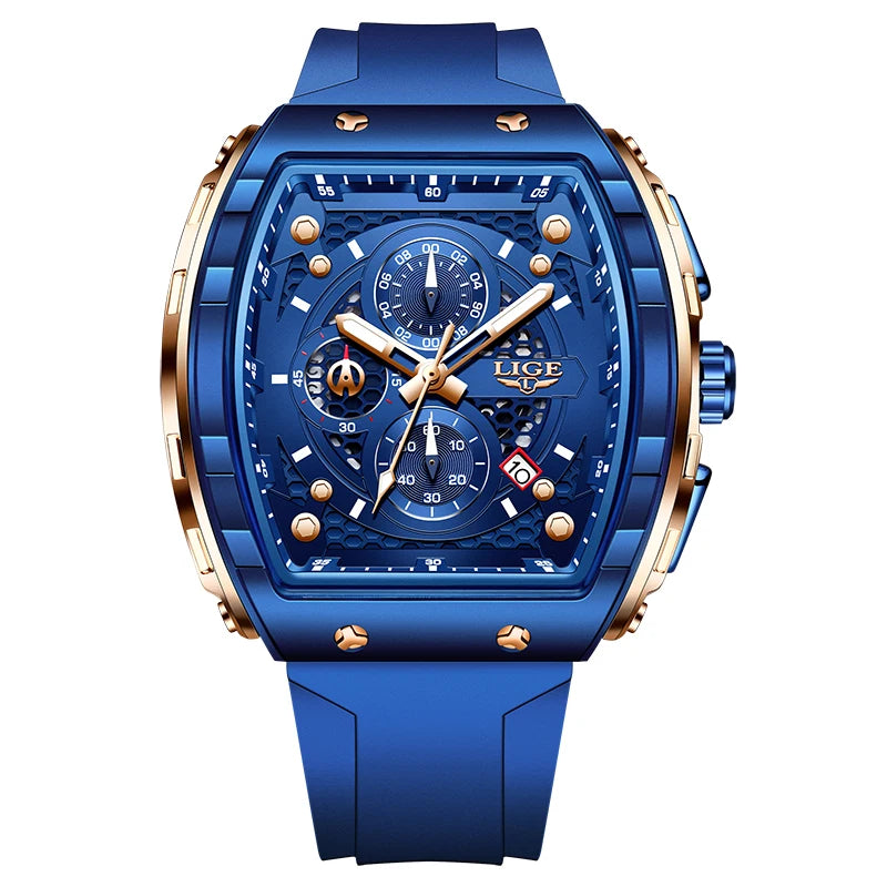 LIGE Top Brand Luxury Square Quartz Watches for Men Fashion Casual Sport 50M Waterproof Man Watch Auto Date Military Chronograph