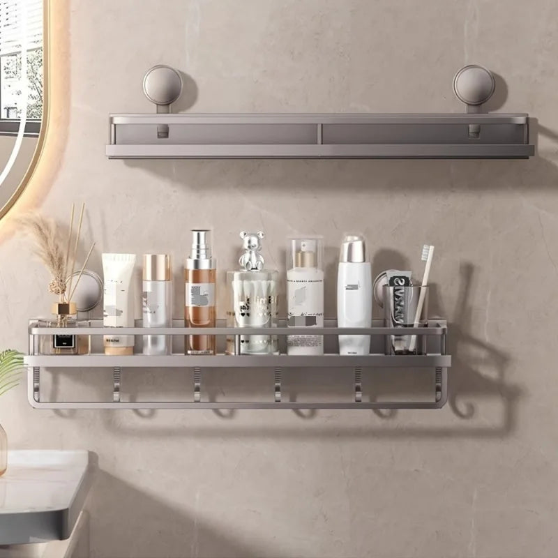 Kitchen Storage Rack Vacuum Suction Cup Rust-proof Wall-mounted Shower Rack with Drain Hole and Towel Hook Bathroom Storage Rack