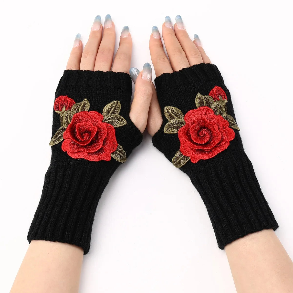 Handmade Embroidered Rose Gloves Women Fingerless Flowers Cuff Gloves Romantic Floral Mittens Hand Warmer Winter Soft Guantes