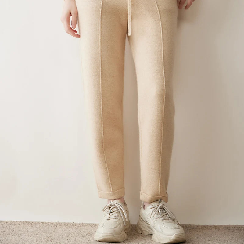 Autumn Winter Women 100% Cashmere Trousers Fashion New Style Thick Warm Pencil Pants Comfortable Elastic Waist Knit Pants