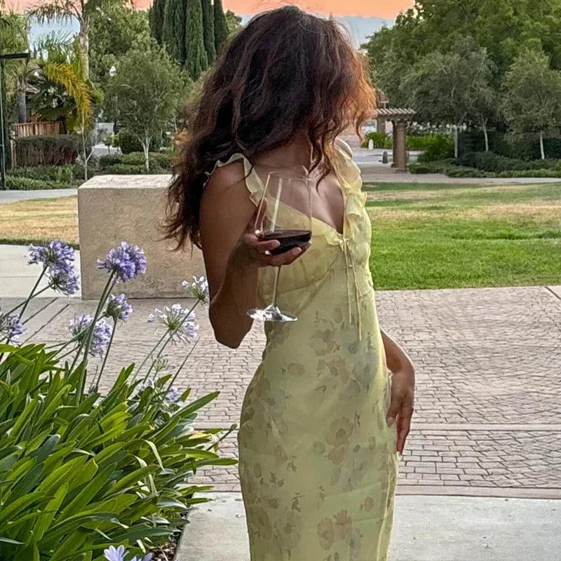 Retro V Neck Dresses Yellow Sleeveless Flower Print Maxi Long Dress Elegant High Waist Female Holiday Party Vestidos