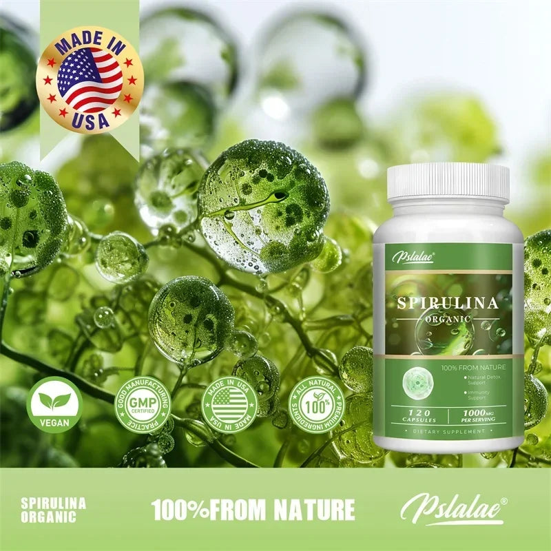Organic Spirulina Capsules - Green Superfood - Heart Support, Cardiovascular, Eye & Brain Health