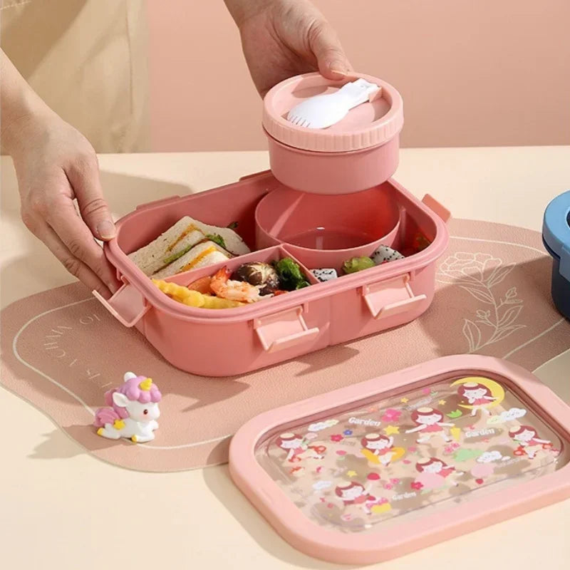 1000/1350ml Cartoon Lunch Box with Soup Bowl Bento Box Buckle Design Sealed and Leak-proof Portable Food Storage Container