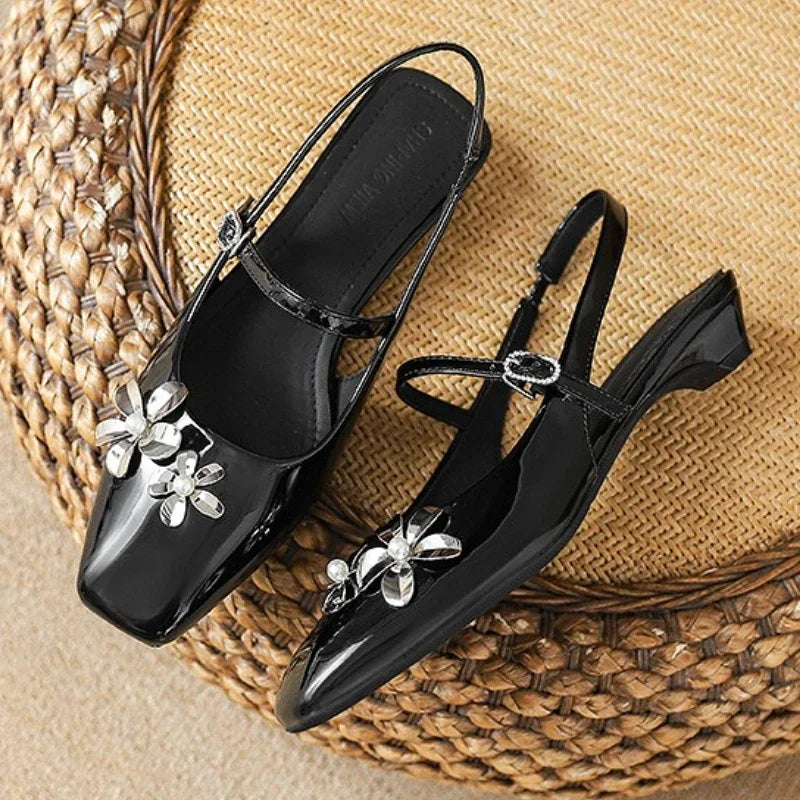 Luxury Rhinestone Flower Design Low Heel Pumps Women Fashion Back Strap Buckle Designer Shoes Comfortable Shallow Dress Shoes