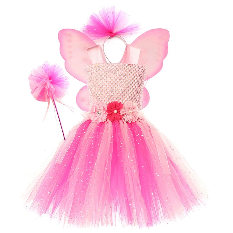 Rainbow Tutu Butterfly Fairy Dress for Girls Halloween Cosplay Elf Princess Birthday Party Dance Stage Play Performance Costume