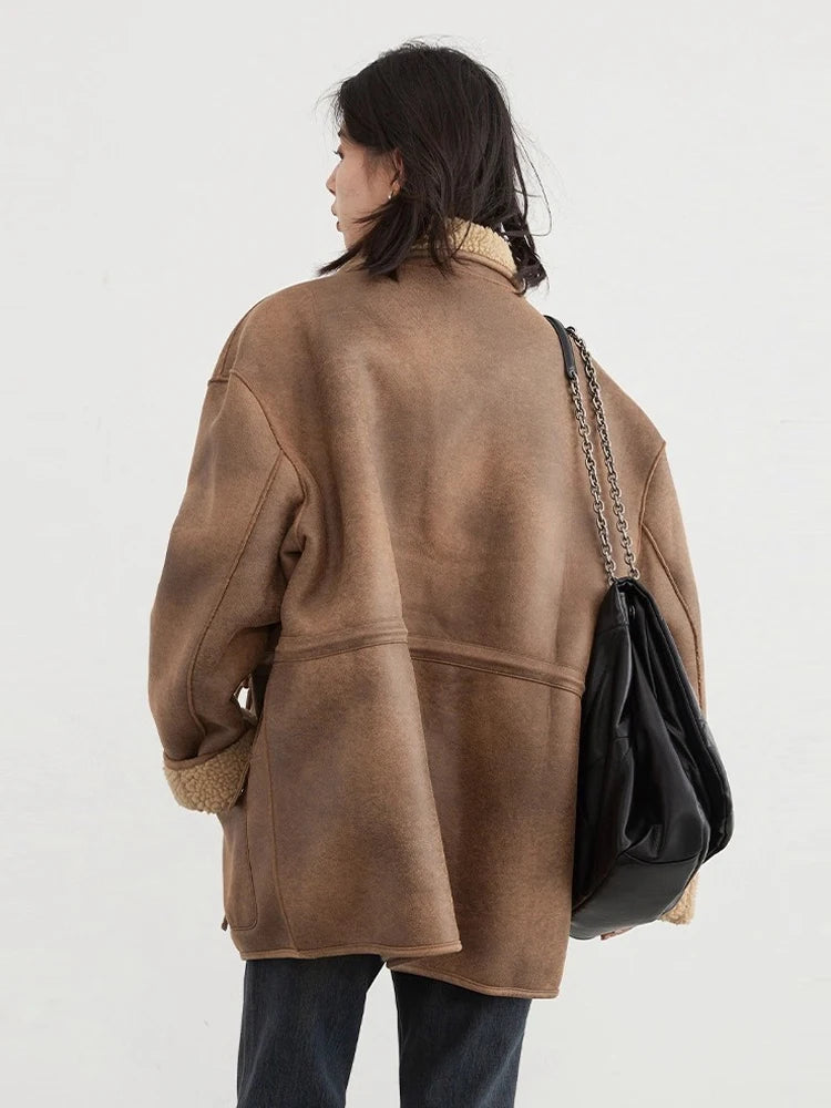 CHIC VEN Women Jackets Loose Casual Thick Solid Suede Reversible Jacket Motorcycle Outer Wear Female Overcoat Winter Autumn 2025