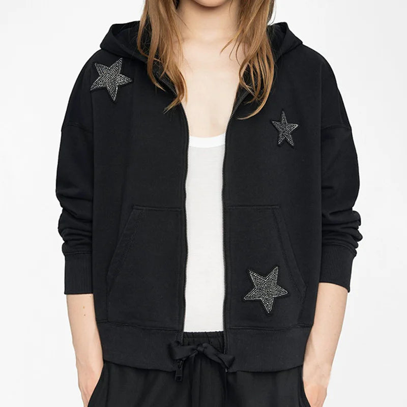 Black Zip Hooded Sweatshirt Stars Patch Embroidery Diamond Hoodies Women Long Sleeve Tops Zadig Female Hoodie Cotton Hooded