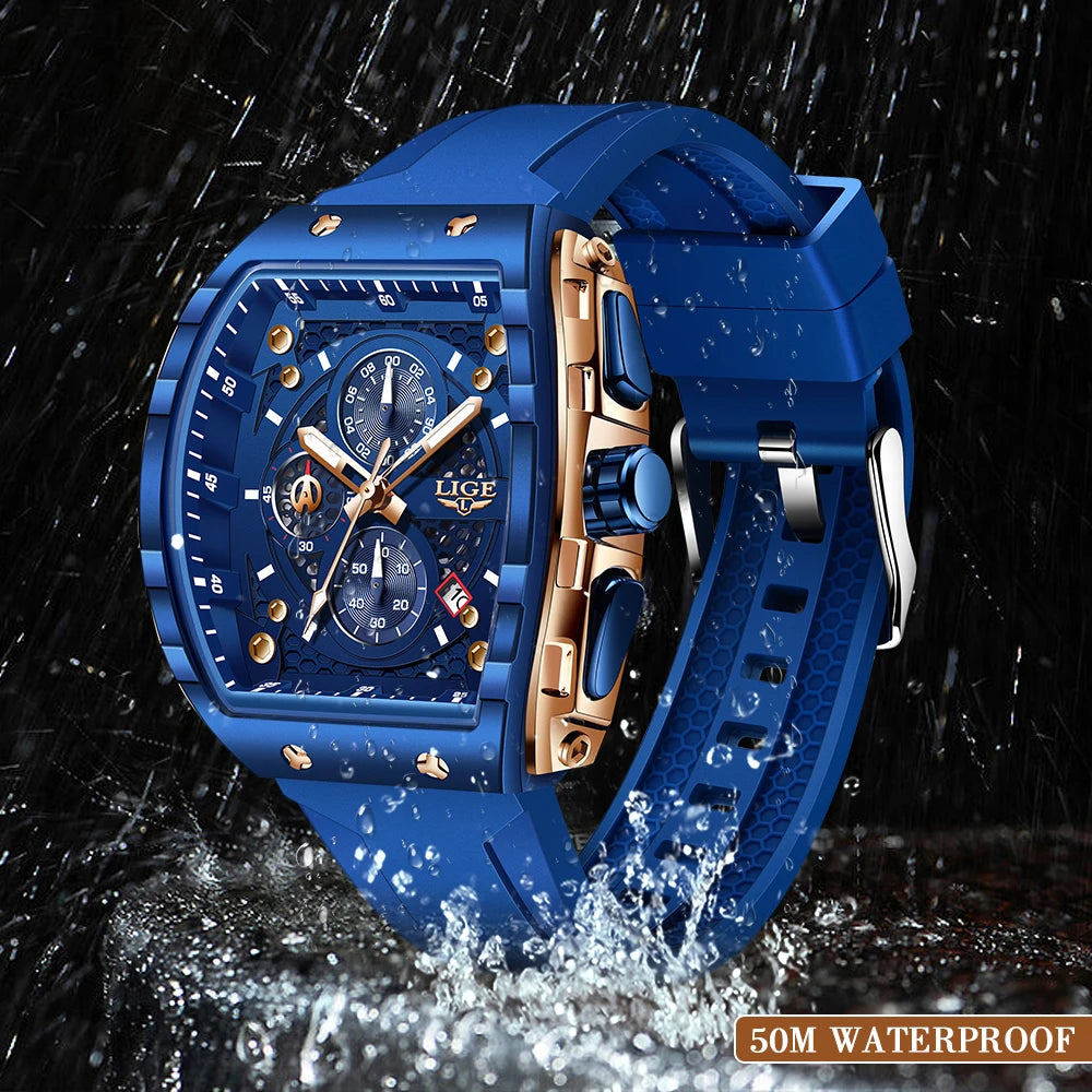 LIGE Top Brand Luxury Square Quartz Watches for Men Fashion Casual Sport 50M Waterproof Man Watch Auto Date Military Chronograph