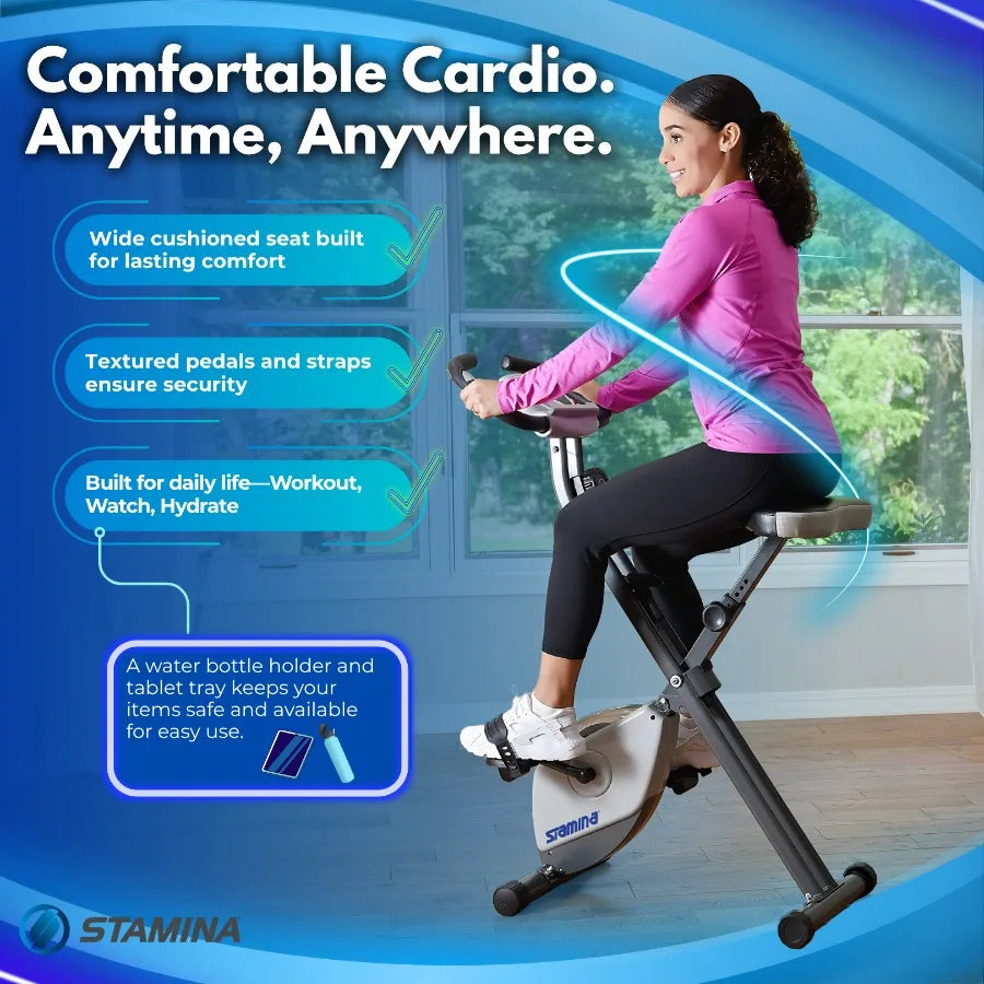 Cardio Folding Exercise Bike with Heart Rate Sensors and Extra Wide Padded Seat