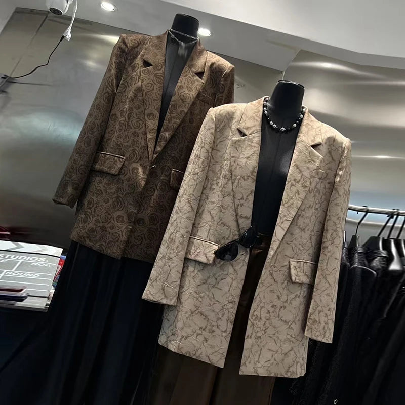KBQ Temperament Hit Color Printing Blazer for Women Notched Collar Long Sleeve Spliced Pockets Chic Set Female Fahsion Style New