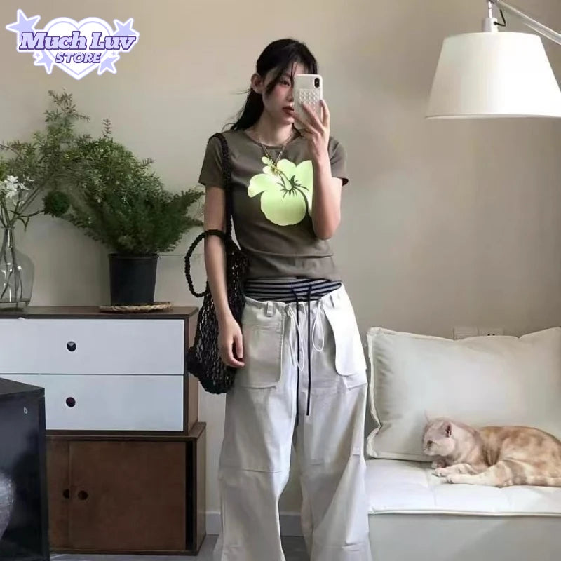 Vintage Flower Printed T-shirt Women's Clothing Summer Fashion Casual Comfy Short Sleeve Top Streetwear Hot Girl Slim Fit Tee