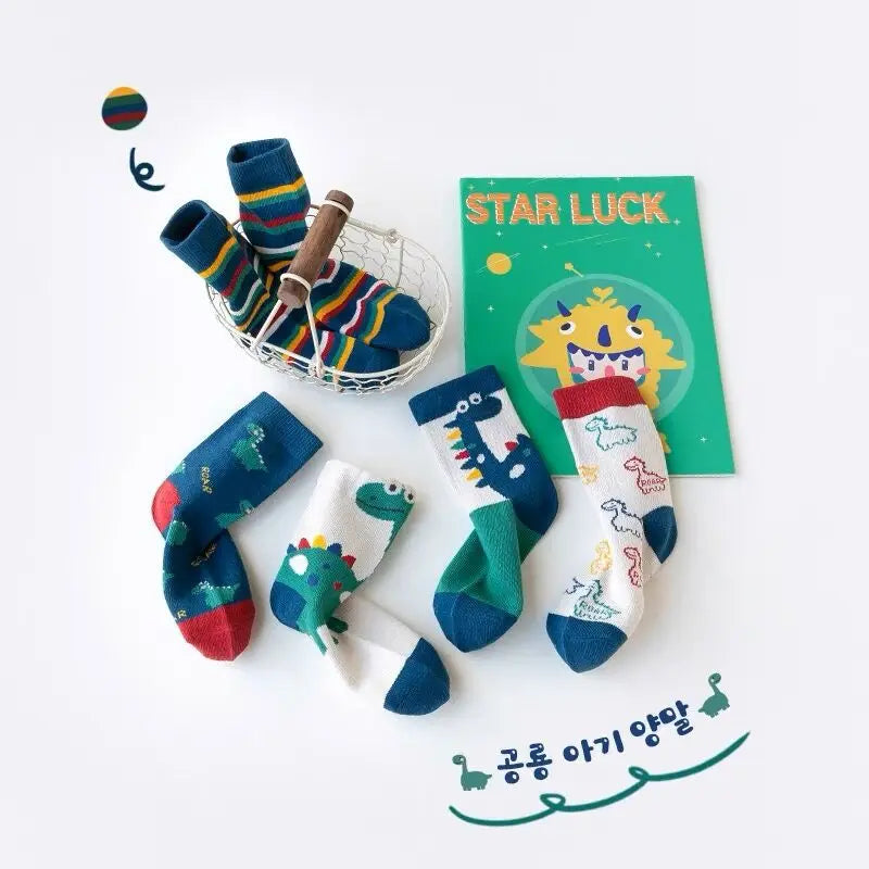 5 Pairs Autumn Winter New Style Children's Socks Mid-high Long Dinosaur Cartoon Design Boys Girls Baby Cartoon Socks Wholesale