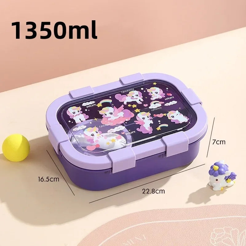 1000/1350ml Cartoon Lunch Box with Soup Bowl Bento Box Buckle Design Sealed and Leak-proof Portable Food Storage Container
