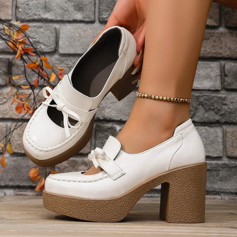 Spring and Autumn New Mary Jane Platform Shoes Round Toe Shallow Mouth Hollow Bow Slip-on Fashion High Heels