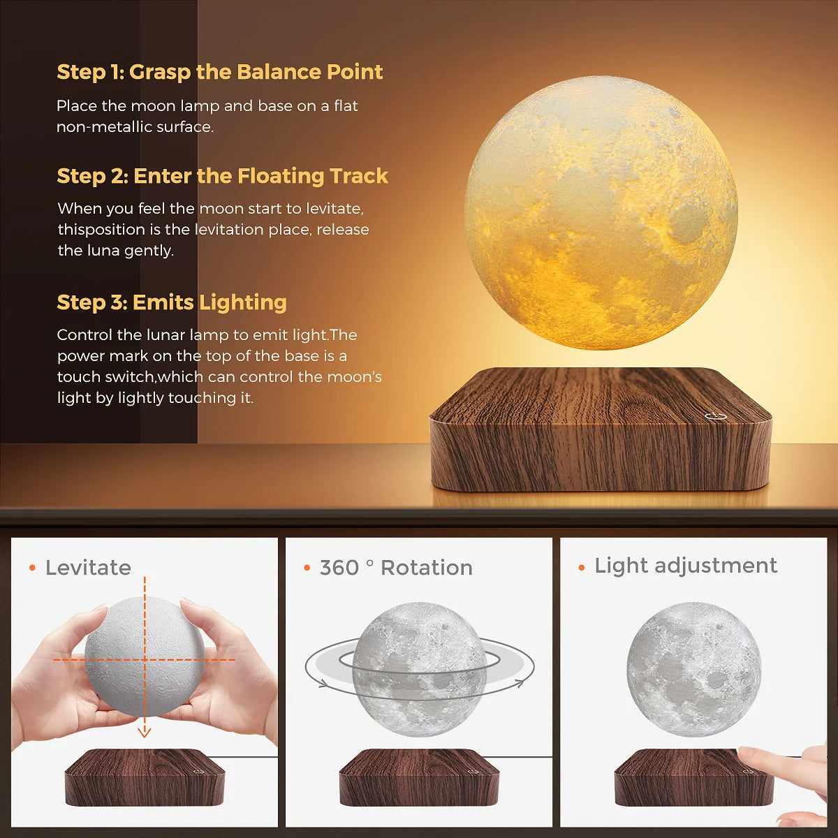 π LunaFloat 3D Moon Lamp β Magnetic Rotating LED Night Light with Wooden Base π