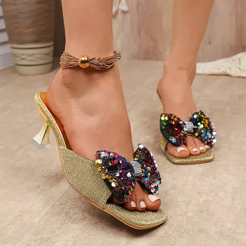 Sequin Bow Flip-Flops Women's Fashion Square Toe Open Toe Non-Slip Wear-Resistant High Heels