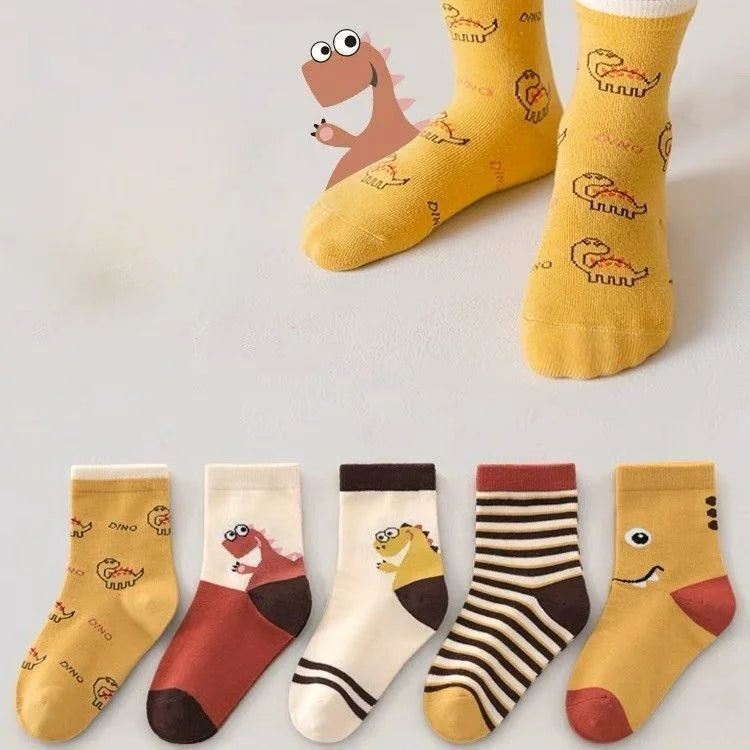 5 Pairs Autumn Winter New Style Children's Socks Mid-high Long Dinosaur Cartoon Design Boys Girls Baby Cartoon Socks Wholesale